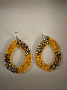 Yellow Beaded Teardrop Hoop Earrings - Multicolor Accent